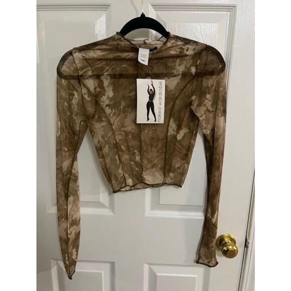 Women's Naked Wardrobe Brown Mesh Long Sleeve Crop Top - Size S NEW with tag - Picture 6 of 9